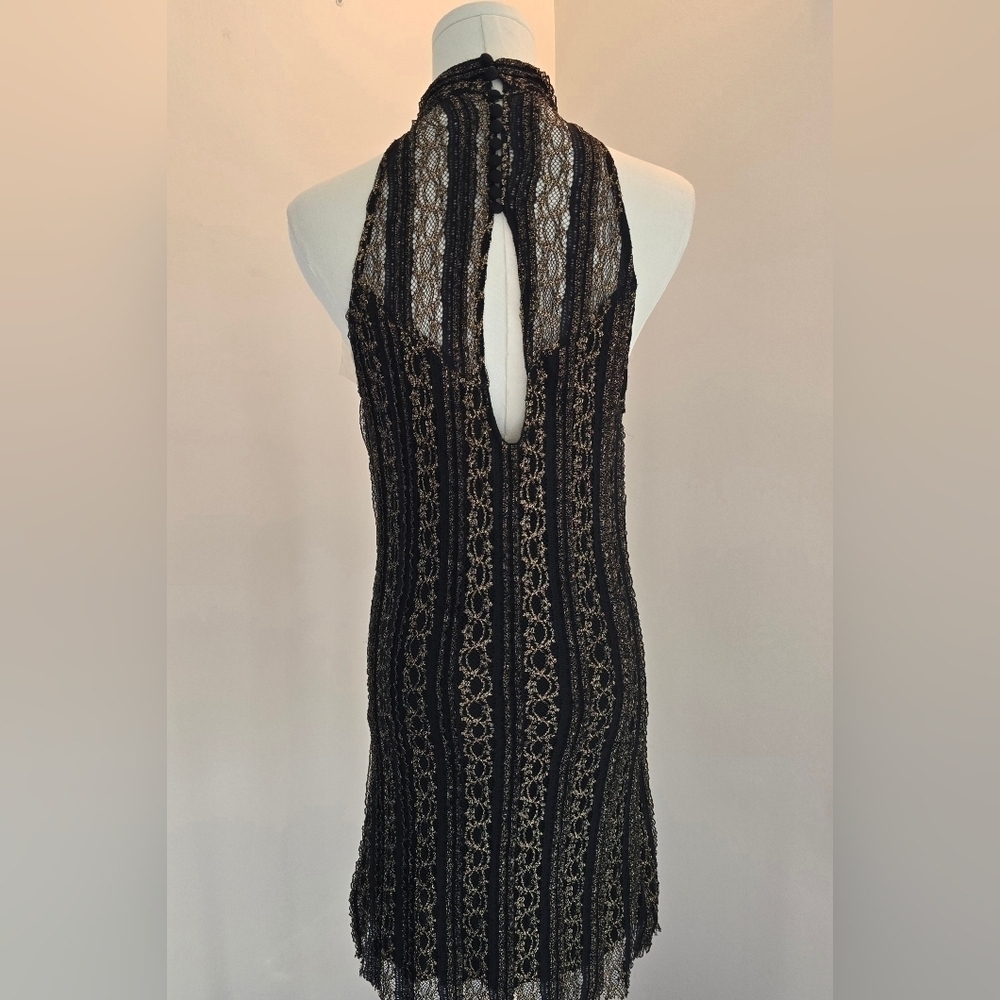 NWT Free People Black & Gold Stretch Lace Mini Dress Button Back Mock Neck Sz. S - Picture 5 of 12